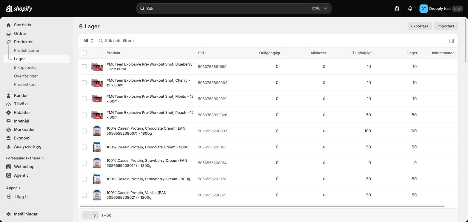 Inventory with SKU and quantity per product.