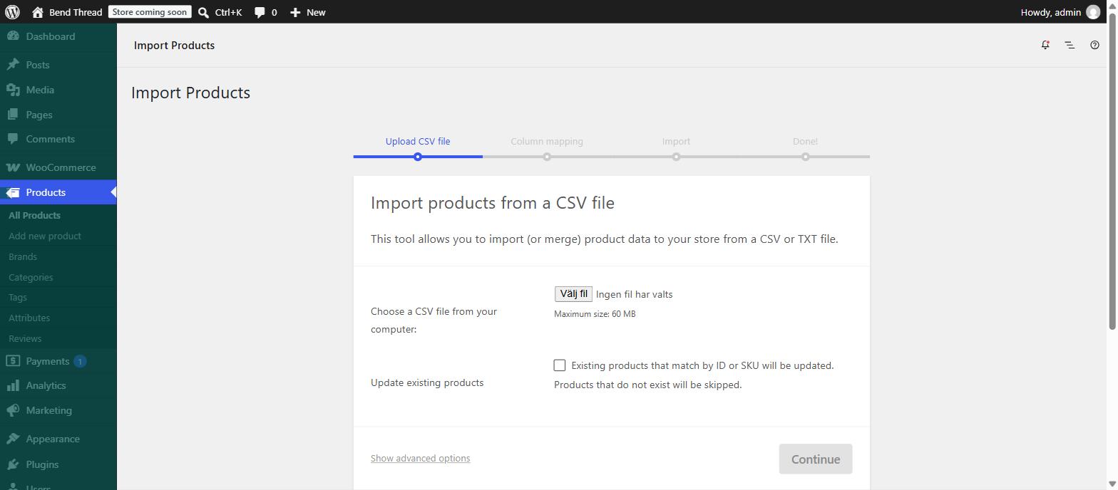 The import screen. The size limit shown is your host's, not WooCommerce's.