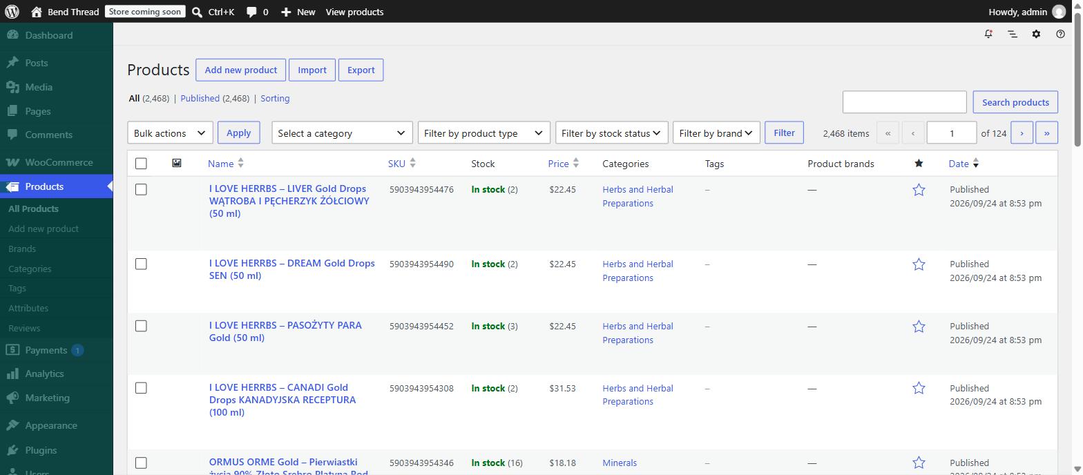 After the import: EAN as SKU, stock, price and category on every row.